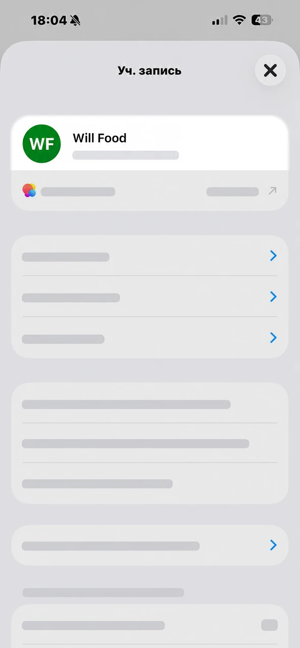 Экран «Уч. запись» с карточкой Apple ID вверху